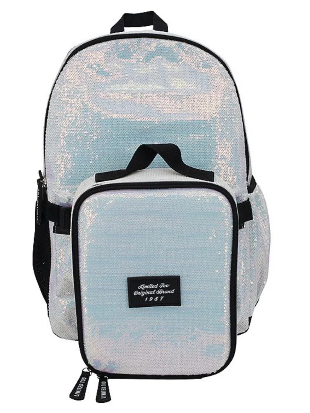 Limited Too Iridescent Sequin Backpack and Lunchbox Set - Light Blue/Pearl/black